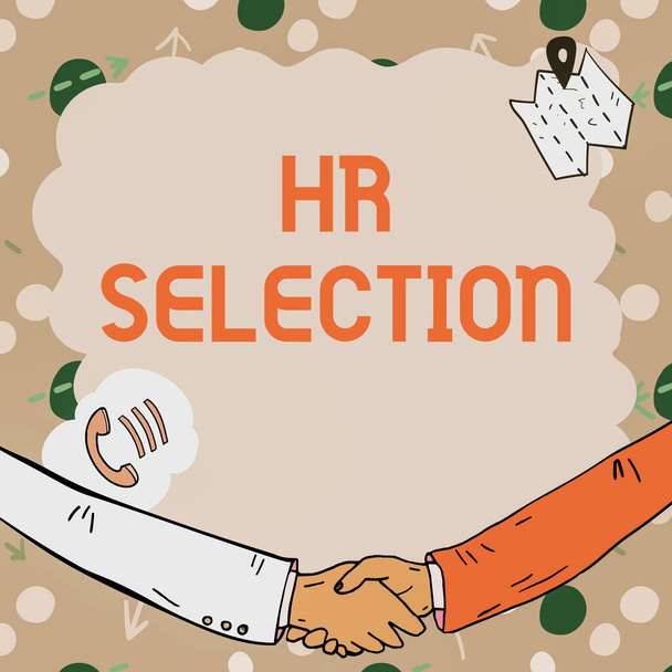 Text showing inspiration Hr Selection. Conceptual photo Process and approached by human resources when hiring employees Empty frame decorated with communication symbols represent business meeting - Fotografie, Obrázek