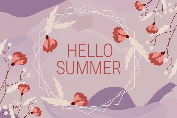 Znak tekstowy "Hello Summer". Internet Concept Powitanie najcieplejszej pory roku przychodzi po wiosnę puste ramki ozdobione abstrakcyjnymi zmodernizowanymi formularzami Kwiaty i liści. - Zdjęcie, obraz
