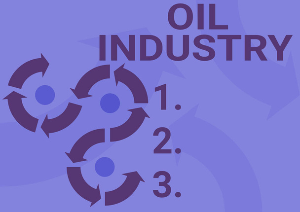 Text caption presenting Oil Industry. Business overview Exploration Extraction Refining Marketing petroleum products Arrow sign symbolizing successfully accomplishing project cycles. - Foto, imagen