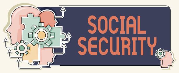 Sign displaying Social Security. Business concept assistance from state showing with inadequate or no income Multiple Heads With Cogs Showing Technology Ideas. - Foto, immagini