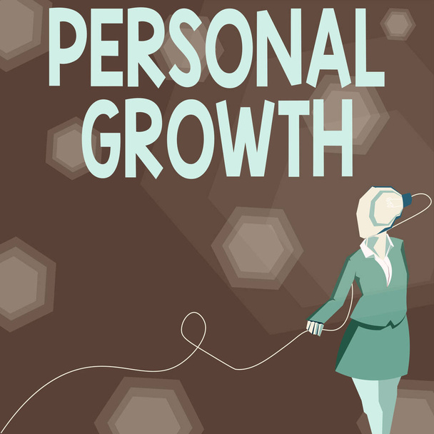 Sign displaying Personal Growth. Concept meaning improve develop your skills qualities Learn new materials Lady wearing suit with a head full of ideas represented by a light bulb. - Photo, image