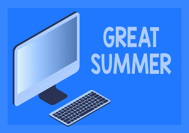 手書きの署名偉大な夏.ビジネスコンセプト楽しい日差しがビーチに行く同僚間のオンライン接続を象徴するキーボードで屋外モニターを楽しむ. - 写真・画像