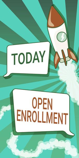 Text sign showing Open Enrollment. Conceptual photo The yearly period when showing can enroll an insurance Rocket Ship Launching Fast Straight Up To The Outer Space. - 写真・画像