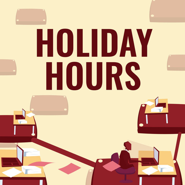 Text sign showing Holiday Hours. Word for Schedule 24 or7 Half Day Today Last Minute Late Closing Male office worker utilizing technology available office supplies. - Фото, изображение