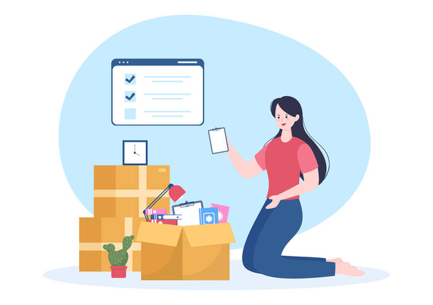 Home Relocation or People Moving with Cardboard Packaging Boxes or Pack Belongings Move to New Ones in Flat Cartoon Illustration - Vector, imagen
