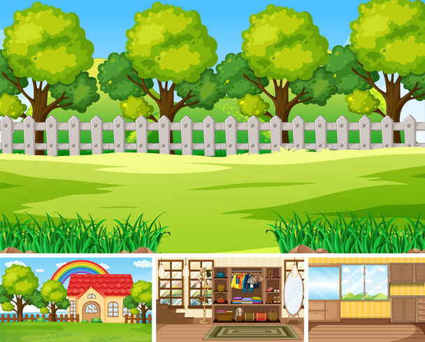 Different scene background with green grass illustration - Vector, Imagen