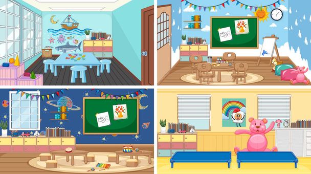 Set of different kindergarten classroom scenes illustration - Vettoriali, immagini