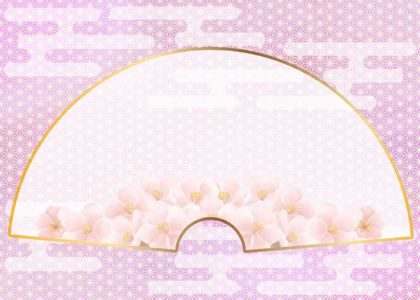 Fan-shaped Japanese-style frame with traditional patterns and Cherry Blossoms - Foto, imagen