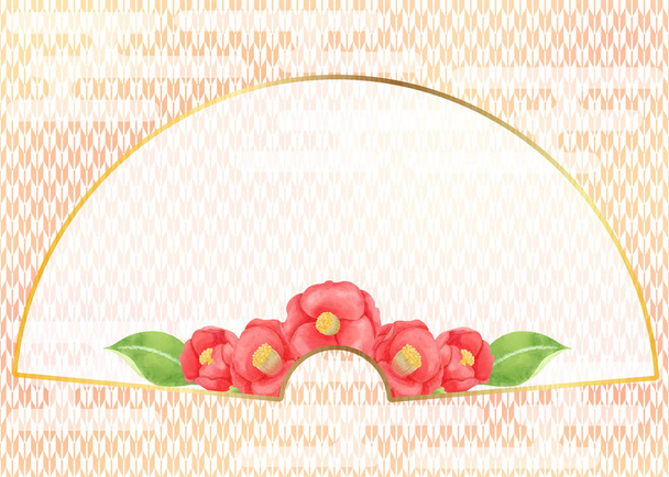 Fan-shaped Japanese-style frame with traditional patterns and Camellia japonica - Foto, Imagen