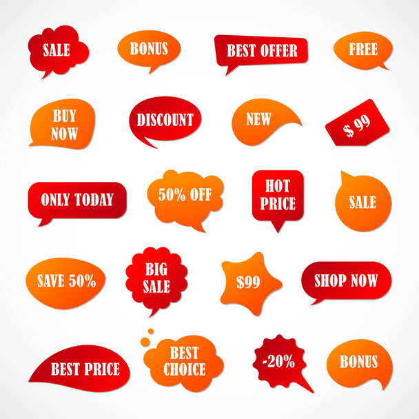Vector stickers, price tag, banner, label. Coupon sale, offers and promotions vector template. Shop price tag, retail, commerce, business. Set of speech bubbles - Vektor, obrázek