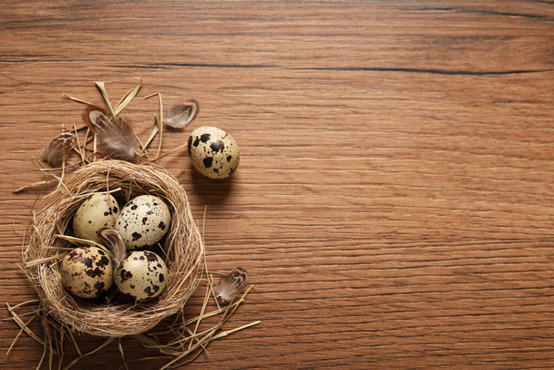 Nest with quail eggs and feathers on wooden table, flat lay. Space for text - Фото, изображение