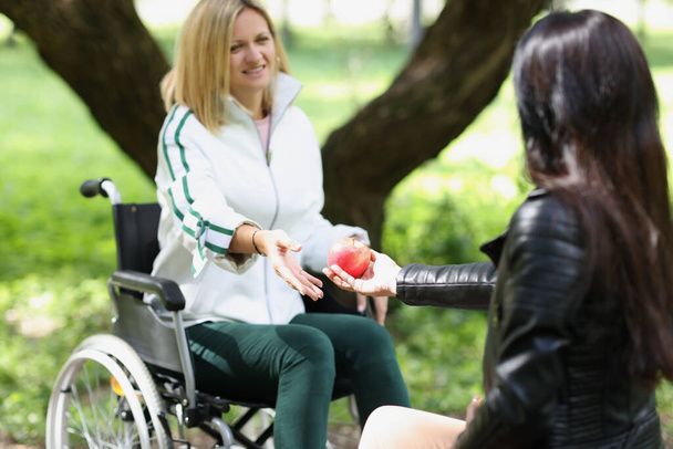 Woman passes apple to woman in wheelchair in park - Photo, image