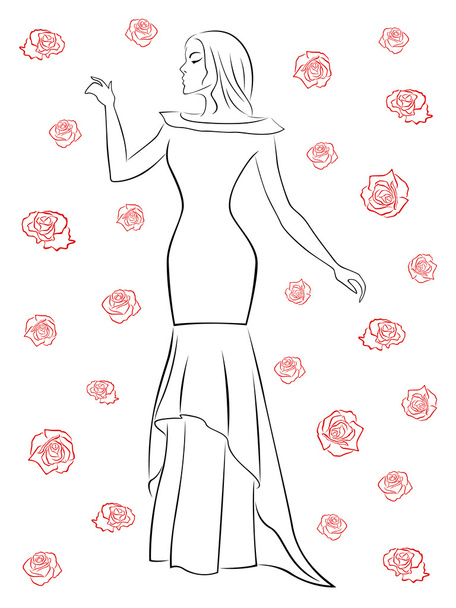 stilvolle Frau im langen Kleid zwischen Rosen - Vektor, Bild