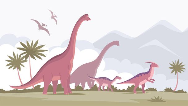 Big brachiosaurus with a long neck and parasaurolophus. Herbivorous dinosaur of the Jurassic period. Vector cartoon illustration. Prehistoric pangolin on a nature background. Wild landscape - Вектор,изображение