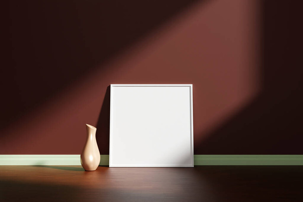 Square white poster or photo frame mockup with vase on the wooden floor leaning against the room wall with shadow - Фото, изображение