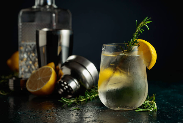 Cocktail gin tonic with ice, lemon, and rosemary. Refreshing drink with natural ice in a frozen glass. - Photo, Image
