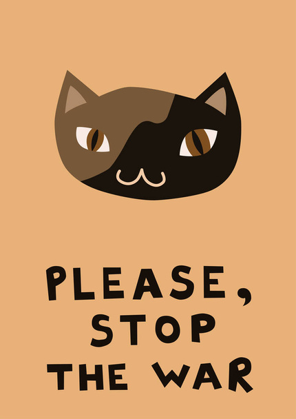 illustration of cartoon cat near please stop the war lettering on orange - Vector, Image