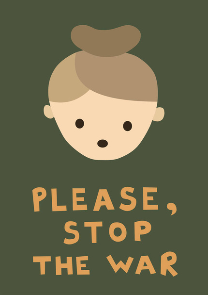 illustration of shocked cartoon woman near please stop the war lettering on green - Vector, Image