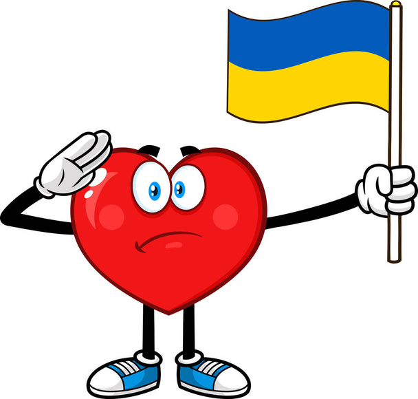 愛国的なレッドハート漫画のキャラクターの敬礼とウクライナ国旗を振る。白地に描かれた手描きイラスト - ベクター画像