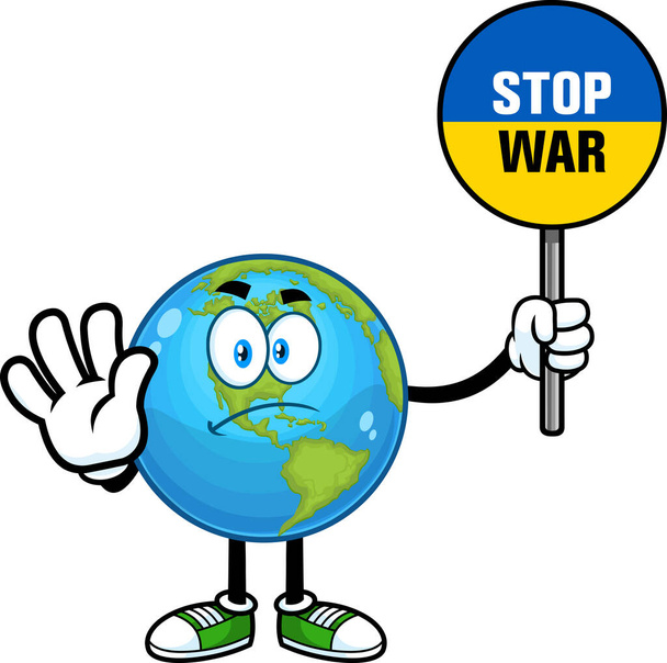 Earth Globe Cartoon Character Holding A Sign Stop War In Ukraine Flag Colors. Raster Hand Drawn Illustration Isolated On White Background - Vetor, Imagem