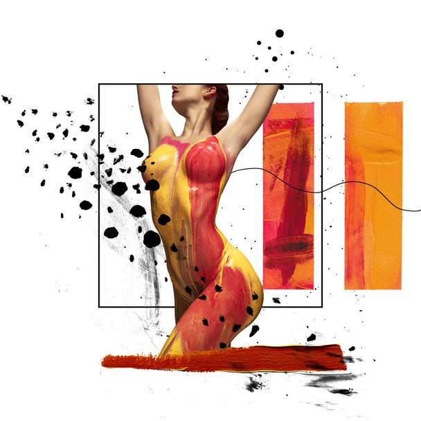 Cropped slim female body covered with red and yellow paint isolated over white background. Creative design. Abstract art on human body. - Foto, immagini