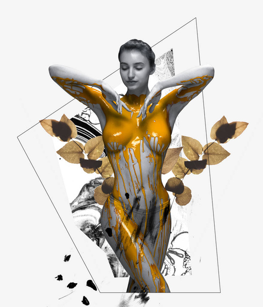 Contemporary art collage. Tender young woman covered with golden paint isolated over white background with floral design - Fotó, kép