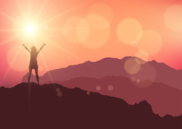 Silhouette of a female stood on top of a mountain against a sunset sky - Vetor, Imagem