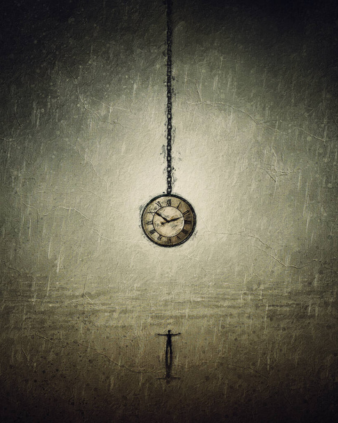 Pintura surrealista del concepto del tiempo con una persona de pie con los brazos abiertos frente a un reloj de suspensión bajo fuerte tormenta - Foto, imagen