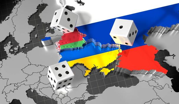 Russia, Belarus and Ukraine map/ flags, dice - 3D illustration - Фото, изображение