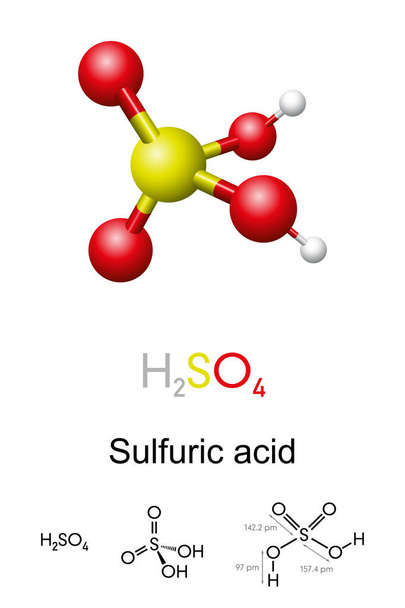 Sulfuric acid, H2SO4, ball-and-stick model, molecular and chemical formula with binding lengths. Known as sulphuric acid, or oil of vitriol in antiquity. Mineral acid and important commodity chemical. - Vector, Imagen
