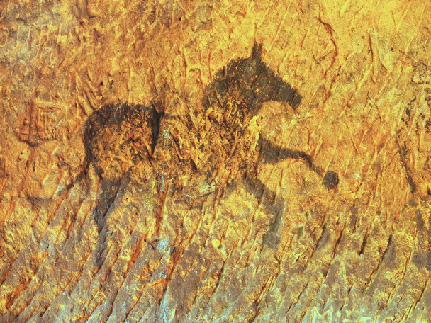 Абстрактне дитяче мистецтво в пісковиковій печері. Чорна вуглецева фарба коней на пісковиковій стіні, копія доісторичної картини
. - Фото, зображення