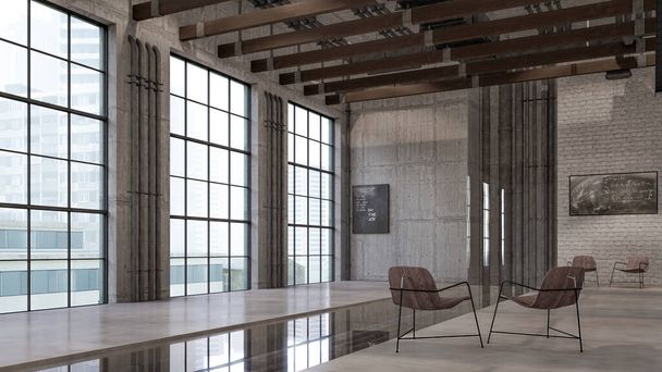 Ilustración interior 3D de la sala de Loft Hall industrial - Foto, Imagen