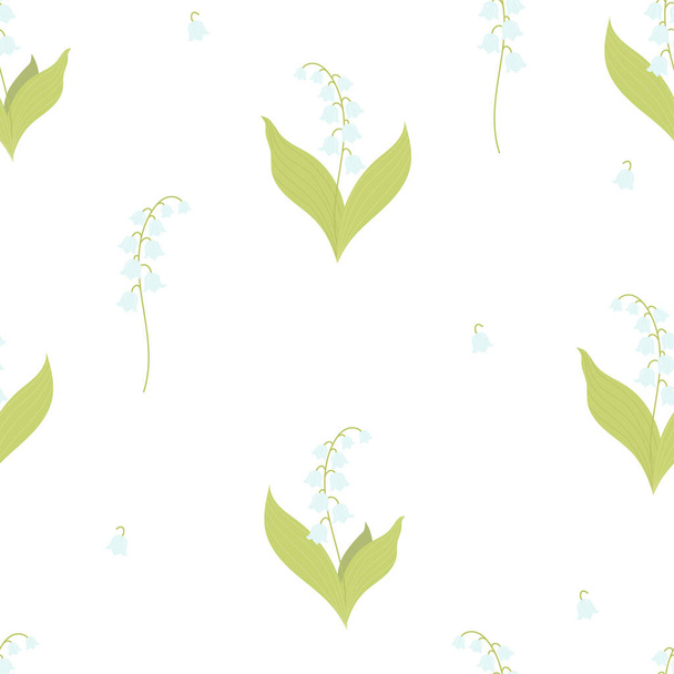 Naadloos patroon met mooie mei lelies van de vallei op een witte achtergrond. Vector illustratie. Voorjaarspatroon met bosbloem voor ontwerp, verpakking, decoratie en decoratie, bedrukking - Vector, afbeelding