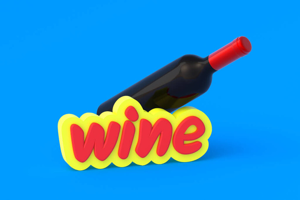 Word wine near bottle on blue background. 3d render - Foto, imagen