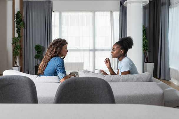 Kaksi nuorta ystävää ja kämppäkaveria istumassa sohvalla modernissa viihtyisässä yksiössään puhumassa miehistä. Naaraat keskustelu suhteita ja tulevaisuuden tavoitteet. - Valokuva, kuva
