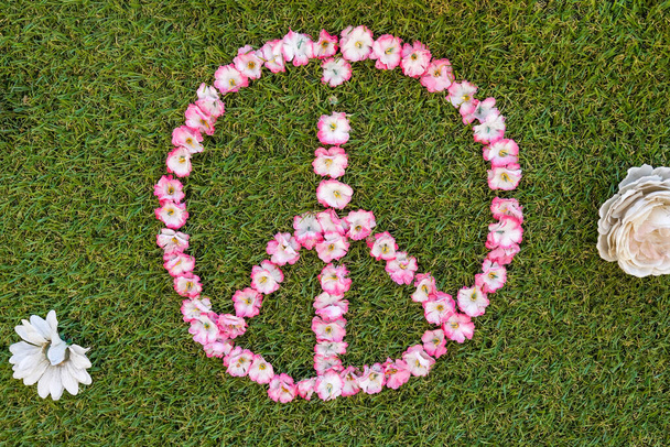 Peace symbol made from summer flowers on green grass - Photo, Image