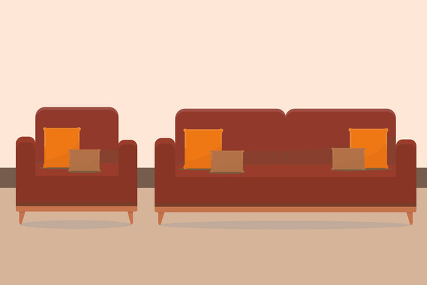 piros puha fotel kanapéval és párnákkal a szobában - Vektor, kép