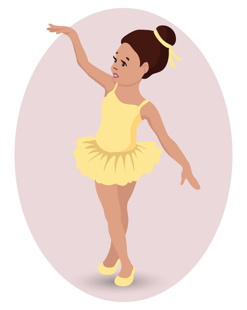 Illustrazione, simpatica ballerina in abito giallo e scarpe da punta. Ballerina. Stampa, clip-art, carattere - Vettoriali, immagini