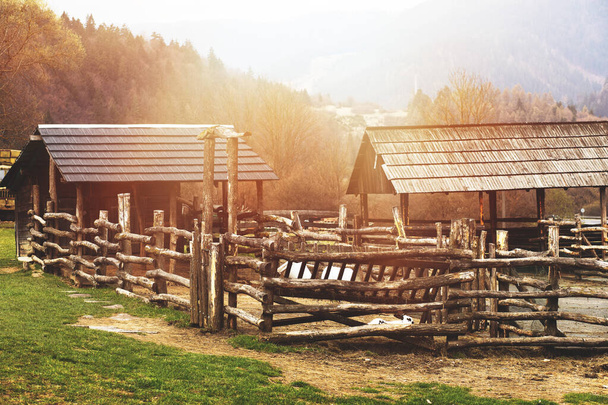 Refugio de madera en la granja de animales.Spring temporada. Foto de alta calidad - Foto, Imagen