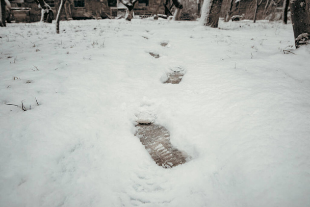 Footprint walking in the snow in garde - Photo, Image