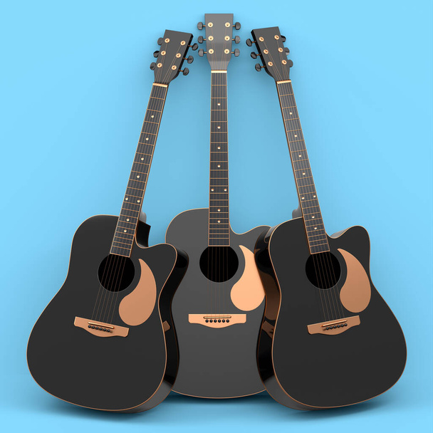 Set of electric acoustic guitar isolated on blue background. 3d render of concept for rock festival poster with heavy metal guitar for music shop - Zdjęcie, obraz