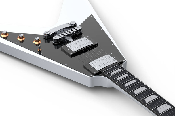 Крупный план Электрическая акустическая гитара изолированы на белом фоне. 3D визуализация концепции постера рок-фестиваля с хэви-метал гитарой для музыкального магазина - Фото, изображение