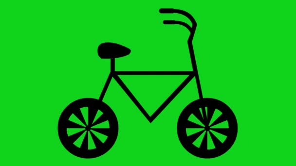 Animationsschleife der schwarzen Silhouette eines Fahrradsymbols, das die Räder bewegt, auf grünem Chroma-Hintergrund - Filmmaterial, Video