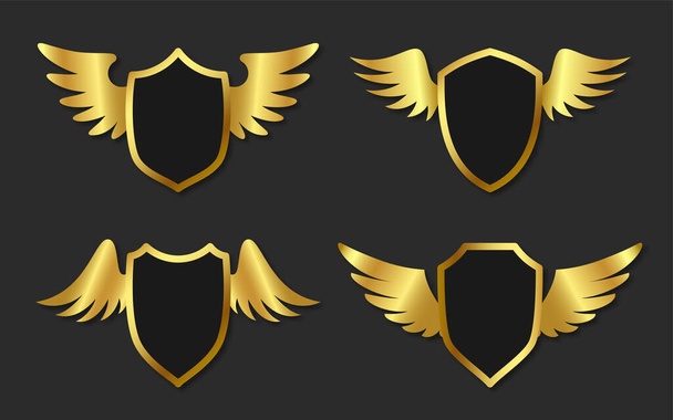 Emblème de bannière métallique d'aile de bouclier or ensemble plat - Vecteur, image