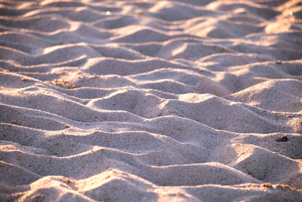 Detailní záběr čisté žluté písečné plochy pokrývající přímořskou pláž osvětlené večerním světlem. Koncept cestování a dovolené - Fotografie, Obrázek