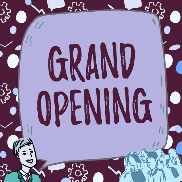 Text sign showing Grand Opening. Business concept Ribbon Cutting New Business First Official Day Launching Businessman With Large Speech Bubble Talking To Crowd Presenting New Ideas - Fotoğraf, Görsel