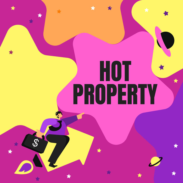 Fogalmi megjelenítés Hot Property. Szó valami, amit keresnek, vagy erősen követelt Úriember mutató ujj csillag képviselő pénzügyi siker. - Fotó, kép