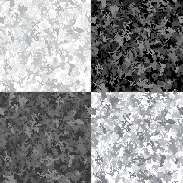 Conjunto de padrão sem costura de camuflagem vetorial. Abstrato caça militar camo textura interminável. Monocromático preto cinza branco ilustração moderna - Vetor, Imagem