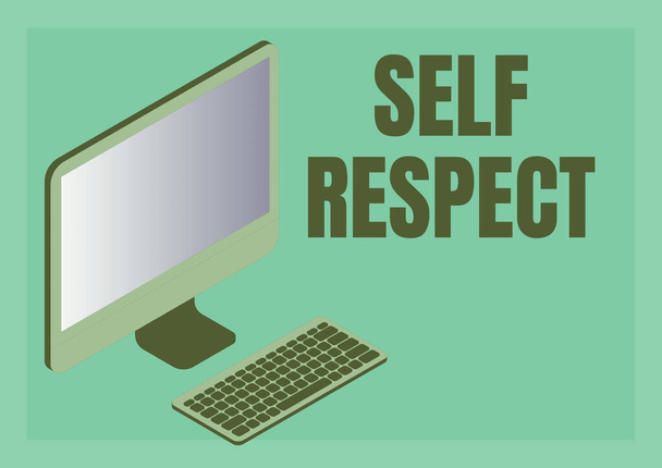自己尊重を示すテキストキャプション。ビジネスショーケース自分自身への誇りと信頼自分自身のために立ち上がる同僚間のオンライン接続を象徴するキーボードで監視. - 写真・画像