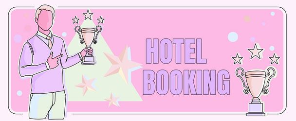 Τίτλος κειμένου που παρουσιάζει το Hotel Booking. Internet Concept Online Κρατήσεις Presidential Suite De Luxe Hospitality Man δείχνοντας το δάχτυλο κρατώντας τρόπαιο επευφημίες επίτευξη επιτυχία του έργου. - Φωτογραφία, εικόνα